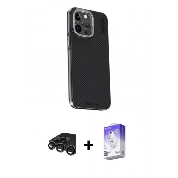 MARSİLYAN™- iPhone 15 Pro Kılıf Kıvılcım Modern Özel Seri - Siyah Bilvis 5in1 3D Magic Cam Ekran Koruyucu + Raze Metal Kamera Lens - TMGI