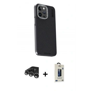 MARSİLYAN™- iPhone 15 Pro Kılıf Kıvılcım Modern Özel Seri - Siyah Bilvis Hayalet Cam Ekran Koruyucu + Raze Metal Kamera Lens - GS