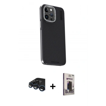 MARSİLYAN™- iPhone 15 Pro Kılıf Kıvılcım Modern Özel Seri - Siyah Bilvis Hayalet Cam Ekran Koruyucu + Raze Metal Kamera Lens - LT