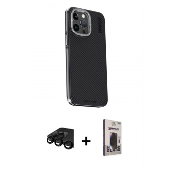 MARSİLYAN™- iPhone 15 Pro Kılıf Kıvılcım Modern Özel Seri - Siyah Bilvis Hayalet Cam Ekran Koruyucu + Raze Metal Kamera Lens - SH