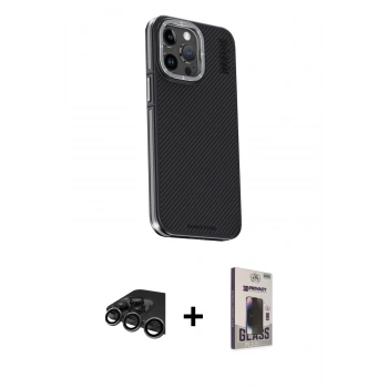 MARSİLYAN™- iPhone 15 Pro Kılıf Kıvılcım Modern Özel Seri - Siyah Bilvis Hayalet Cam Ekran Koruyucu + Raze Metal Kamera Lens - TMGI