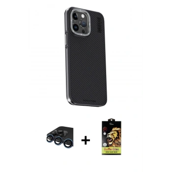 MARSİLYAN™- iPhone 15 Pro Kılıf Kıvılcım Modern Özel Seri - Siyah Buffer Cam Ekran Koruyucu + Raze Metal Kamera Lens - LT