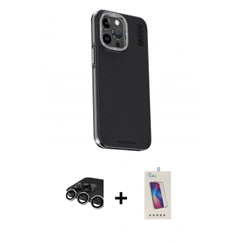 MARSİLYAN™- iPhone 15 Pro Kılıf Kıvılcım Modern Özel Seri - Siyah Joko 5D Cam + Raze Metal Kamera Lens - GS