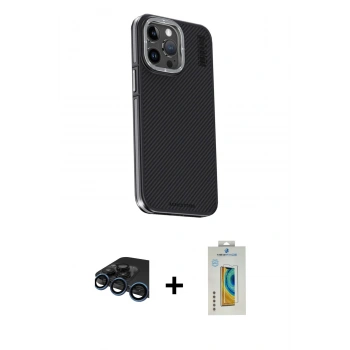 MARSİLYAN™- iPhone 15 Pro Kılıf Kıvılcım Modern Özel Seri - Siyah Polymer Nano Ekran Koruyucu + Raze Metal Kamera Lens - LT