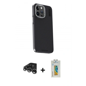 MARSİLYAN™- iPhone 15 Pro Kılıf Kıvılcım Modern Özel Seri - Siyah Polymer Nano Ekran Koruyucu + Raze Metal Kamera Lens - GS