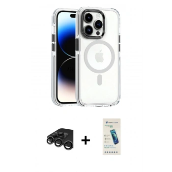 MARSİLYAN™- iPhone 15 Pro Kılıf Kozmos Doku Koleksiyonu - Şeffaf Pasifik Cam Ekran Koruyucu + Raze Metal Kamera Lens - TMGI