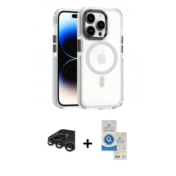 MARSİLYAN™- iPhone 15 Pro Kılıf Kozmos Doku Koleksiyonu - Şeffaf Royal Nano Ekran Koruyucu + Raze Metal Kamera Lens - LT