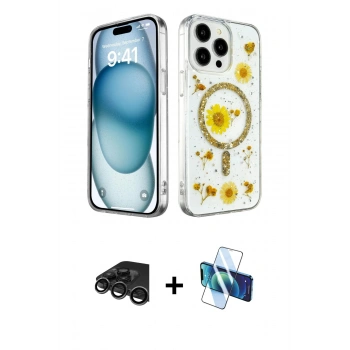 MARSİLYAN™- iPhone 15 Pro Kılıf Kozmos Doku - Siyah 3D Antistatik Cam Ekran Koruyucu + Raze Metal Kamera Lens - TMGI
