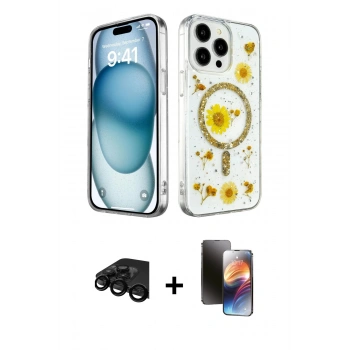 MARSİLYAN™- iPhone 15 Pro Kılıf Kozmos Doku - Siyah 3D Antistatik Mat Seramik Nano Ekran Koruyucu + Raze Metal Kamera Lens - SH
