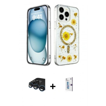 MARSİLYAN™- iPhone 15 Pro Kılıf Kozmos Doku - Siyah Bilvis 0.18mm Plus Cam Ekran Koruyucu + Raze Metal Kamera Lens - LT