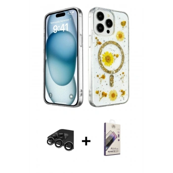 MARSİLYAN™- iPhone 15 Pro Kılıf Kozmos Doku - Siyah Bilvis 3D Mat Cam Ekran Koruyucu + Raze Metal Kamera Lens - TMGI