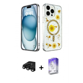 MARSİLYAN™- iPhone 15 Pro Kılıf Kozmos Doku - Siyah Bilvis 5in1 3D Magic Cam Ekran Koruyucu + Raze Metal Kamera Lens - SH