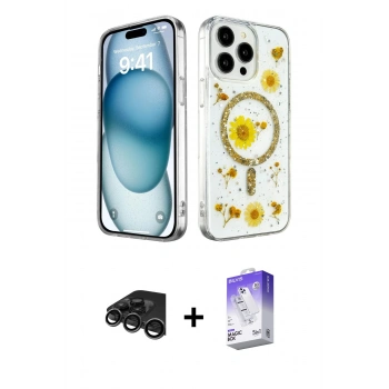 MARSİLYAN™- iPhone 15 Pro Kılıf Kozmos Doku - Siyah Bilvis 5in1 3D Magic Cam Ekran Koruyucu + Raze Metal Kamera Lens - TMGI