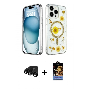 MARSİLYAN™- iPhone 15 Pro Kılıf Kozmos Doku - Siyah Buffer Hayalet Cam Ekran Koruyucu + Raze Metal Kamera Lens - SH