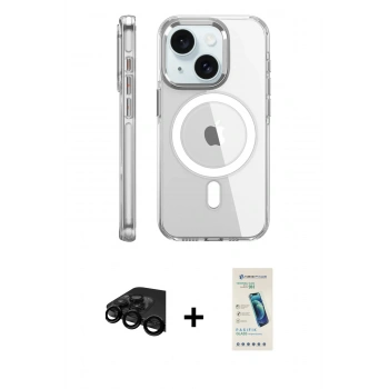 MARSİLYAN™- iPhone 15 Pro Kılıf Nova Doku - Şeffaf Pasifik Cam Ekran Koruyucu + Raze Metal Kamera Lens - SH