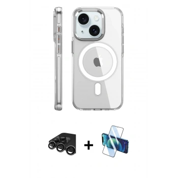 MARSİLYAN™- iPhone 15 Pro Kılıf Nova Doku - Siyah 3D Antistatik Cam Ekran Koruyucu + Raze Metal Kamera Lens - TMGI