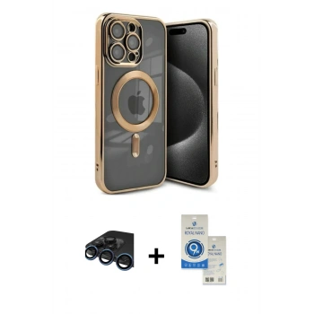 MARSİLYAN™- iPhone 15 Pro Kılıf Nova Işık Özel Seri - Şeffaf Royal Nano Ekran Koruyucu + Raze Metal Kamera Lens - LT