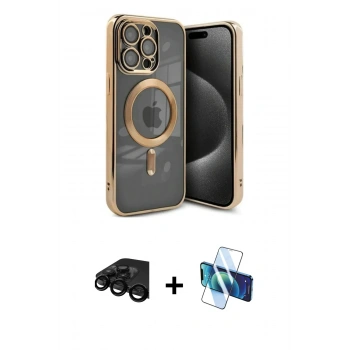 MARSİLYAN™- iPhone 15 Pro Kılıf Nova Işık Özel Seri - Siyah 3D Antistatik Cam Ekran Koruyucu + Raze Metal Kamera Lens - SH