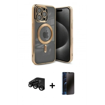 MARSİLYAN™- iPhone 15 Pro Kılıf Nova Işık Özel Seri - Siyah 3D Antistatik Hayalet Cam Ekran Koruyucu + Raze Metal Kamera Lens - SH