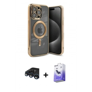 MARSİLYAN™- iPhone 15 Pro Kılıf Nova Işık Özel Seri - Siyah Bilvis 5in1 5D Magic Hayalet Cam Ekran Koruyucu + Raze Metal Kamera Lens - LT