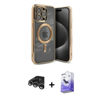 MARSİLYAN™- iPhone 15 Pro Kılıf Nova Işık Özel Seri - Siyah Bilvis 5in1 5D Magic Hayalet Cam Ekran Koruyucu + Raze Metal Kamera Lens - GS