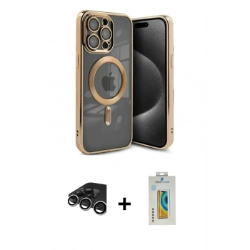 MARSİLYAN™- iPhone 15 Pro Kılıf Nova Işık Özel Seri - Siyah Polymer Nano Ekran Koruyucu + Raze Metal Kamera Lens - GS