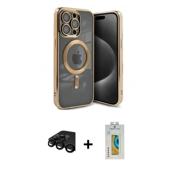 MARSİLYAN™- iPhone 15 Pro Kılıf Nova Işık Özel Seri - Siyah Polymer Nano Ekran Koruyucu + Raze Metal Kamera Lens - SH