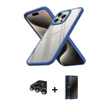 MARSİLYAN™- iPhone 15 Pro Kılıf Nova Işık Serisi - Siyah 3D Antistatik Hayalet Cam Ekran Koruyucu + Raze Metal Kamera Lens - GS