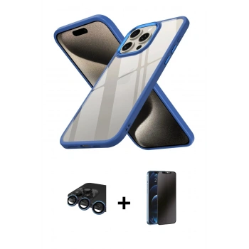 MARSİLYAN™- iPhone 15 Pro Kılıf Nova Işık Serisi - Siyah 3D Antistatik Hayalet Cam Ekran Koruyucu + Raze Metal Kamera Lens - LT