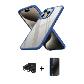 MARSİLYAN™- iPhone 15 Pro Kılıf Nova Işık Serisi - Siyah 3D Antistatik Hayalet Cam Ekran Koruyucu + Raze Metal Kamera Lens - TMGI