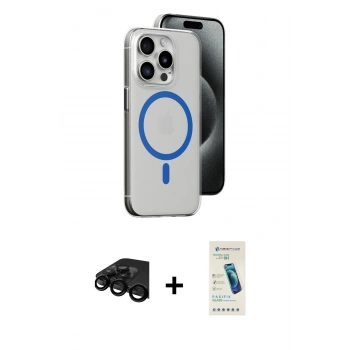 MARSİLYAN™- iPhone 15 Pro Kılıf Odak Form Özel Seri - Şeffaf Pasifik Cam Ekran Koruyucu + Raze Metal Kamera Lens - SH