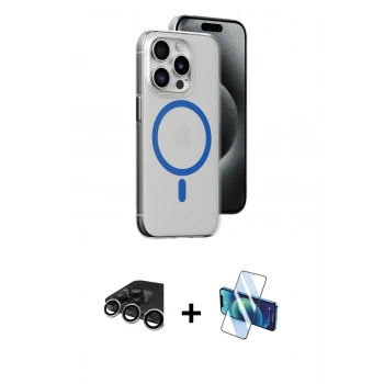 MARSİLYAN™- iPhone 15 Pro Kılıf Odak Form Özel Seri - Siyah 3D Antistatik Cam Ekran Koruyucu + Raze Metal Kamera Lens - GS