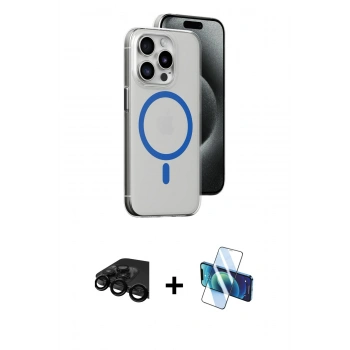 MARSİLYAN™- iPhone 15 Pro Kılıf Odak Form Özel Seri - Siyah 3D Antistatik Cam Ekran Koruyucu + Raze Metal Kamera Lens - SH