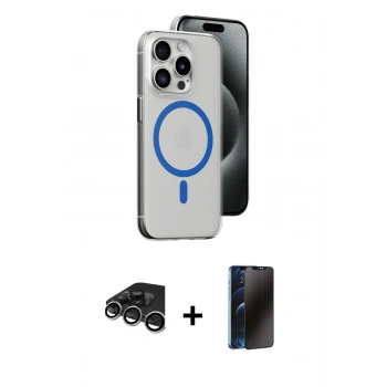 MARSİLYAN™- iPhone 15 Pro Kılıf Odak Form Özel Seri - Siyah 3D Antistatik Hayalet Cam Ekran Koruyucu + Raze Metal Kamera Lens - GS