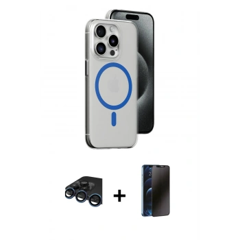 MARSİLYAN™- iPhone 15 Pro Kılıf Odak Form Özel Seri - Siyah 3D Antistatik Hayalet Cam Ekran Koruyucu + Raze Metal Kamera Lens - LT