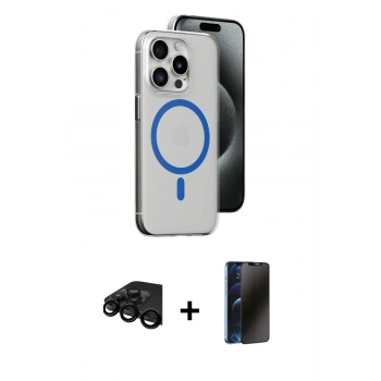 MARSİLYAN™- iPhone 15 Pro Kılıf Odak Form Özel Seri - Siyah 3D Antistatik Hayalet Cam Ekran Koruyucu + Raze Metal Kamera Lens - SH