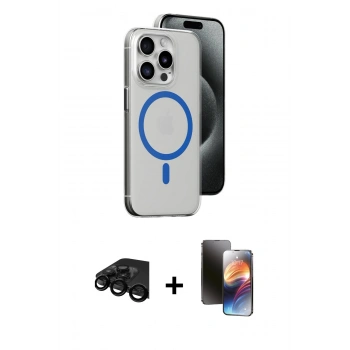 MARSİLYAN™- iPhone 15 Pro Kılıf Odak Form Özel Seri - Siyah 3D Antistatik Mat Seramik Nano Ekran Koruyucu + Raze Metal Kamera Lens - SH