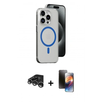 MARSİLYAN™- iPhone 15 Pro Kılıf Odak Form Özel Seri - Siyah 3D Antistatik Mat Seramik Nano Ekran Koruyucu + Raze Metal Kamera Lens - GS