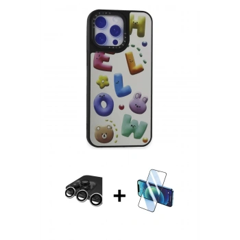 MARSİLYAN™- iPhone 15 Pro Kılıf Odak Klasik Serisi - Siyah 3D Antistatik Cam Ekran Koruyucu + Raze Metal Kamera Lens - GS