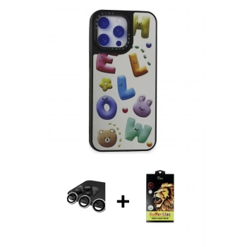 MARSİLYAN™- iPhone 15 Pro Kılıf Odak Klasik Serisi - Siyah Buffer Cam Ekran Koruyucu + Raze Metal Kamera Lens - GS