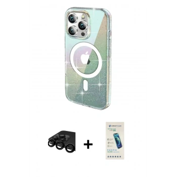 MARSİLYAN™- iPhone 15 Pro Kılıf Odak Modern Serisi - Şeffaf Pasifik Cam Ekran Koruyucu + Raze Metal Kamera Lens - SH