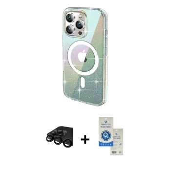 MARSİLYAN™- iPhone 15 Pro Kılıf Odak Modern Serisi - Şeffaf Royal Nano Ekran Koruyucu + Raze Metal Kamera Lens - SH