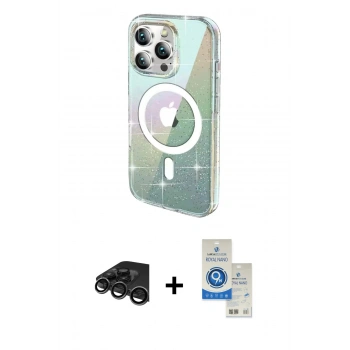 MARSİLYAN™- iPhone 15 Pro Kılıf Odak Modern Serisi - Şeffaf Royal Nano Ekran Koruyucu + Raze Metal Kamera Lens - TMGI