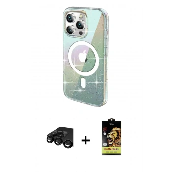 MARSİLYAN™- iPhone 15 Pro Kılıf Odak Modern Serisi - Siyah Buffer Cam Ekran Koruyucu + Raze Metal Kamera Lens - SH