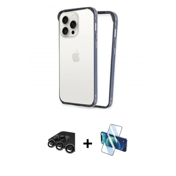MARSİLYAN™- iPhone 15 Pro Kılıf Pusula Asil Koleksiyonu - Siyah 3D Antistatik Cam Ekran Koruyucu + Raze Metal Kamera Lens - TMGI