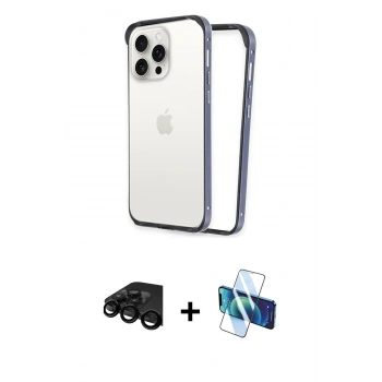 MARSİLYAN™- iPhone 15 Pro Kılıf Pusula Asil Koleksiyonu - Siyah 3D Antistatik Cam Ekran Koruyucu + Raze Metal Kamera Lens - SH
