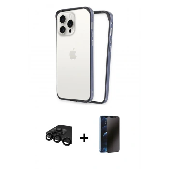 MARSİLYAN™- iPhone 15 Pro Kılıf Pusula Asil Koleksiyonu - Siyah 3D Antistatik Hayalet Cam Ekran Koruyucu + Raze Metal Kamera Lens - SH