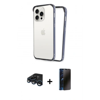 MARSİLYAN™- iPhone 15 Pro Kılıf Pusula Asil Koleksiyonu - Siyah 3D Antistatik Hayalet Cam Ekran Koruyucu + Raze Metal Kamera Lens - LT