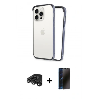 MARSİLYAN™- iPhone 15 Pro Kılıf Pusula Asil Koleksiyonu - Siyah 3D Antistatik Hayalet Cam Ekran Koruyucu + Raze Metal Kamera Lens - TMGI