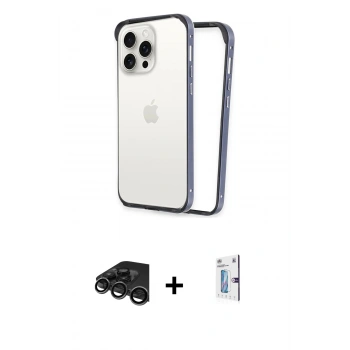 MARSİLYAN™- iPhone 15 Pro Kılıf Pusula Asil Koleksiyonu - Siyah Bilvis 0.18mm Plus Cam Ekran Koruyucu + Raze Metal Kamera Lens - TMGI